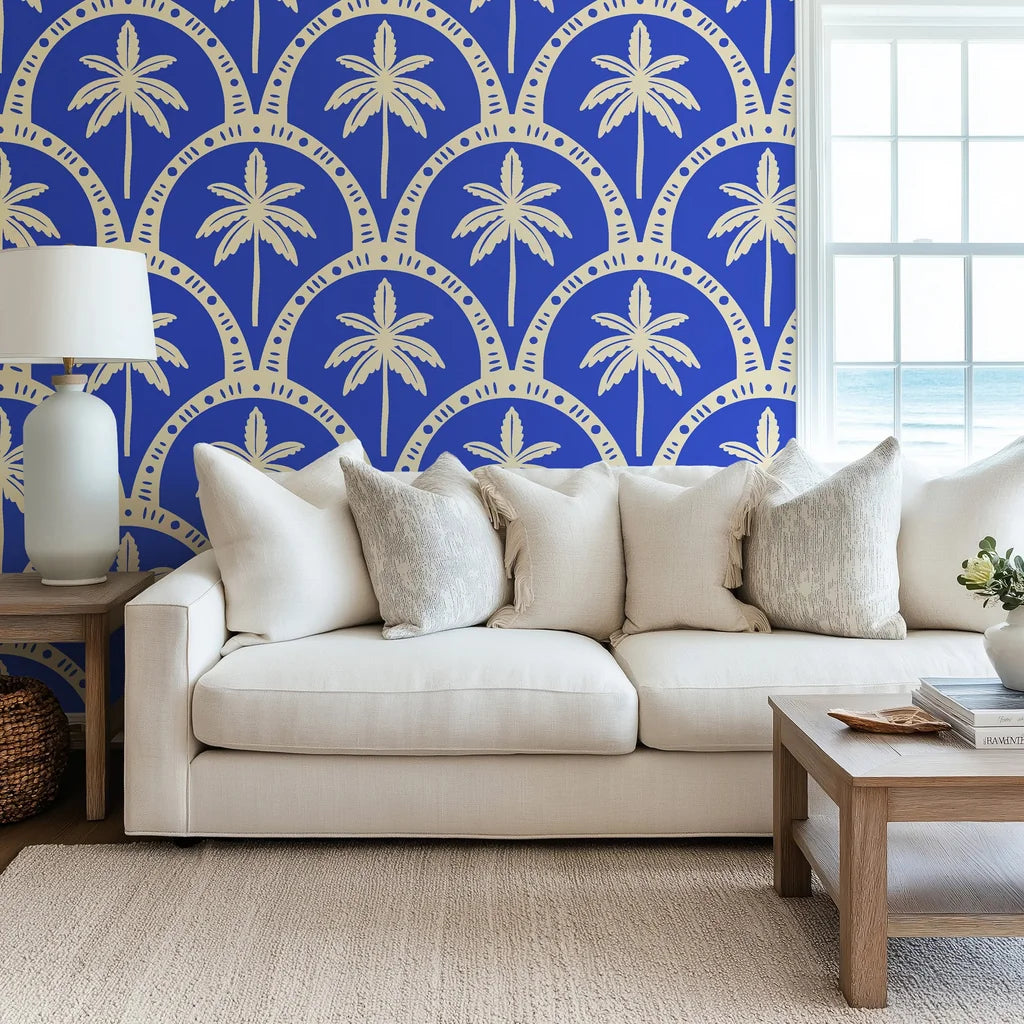 Smooth vibrant blue palm tree peel and stick wallpaper - Azure Canopy