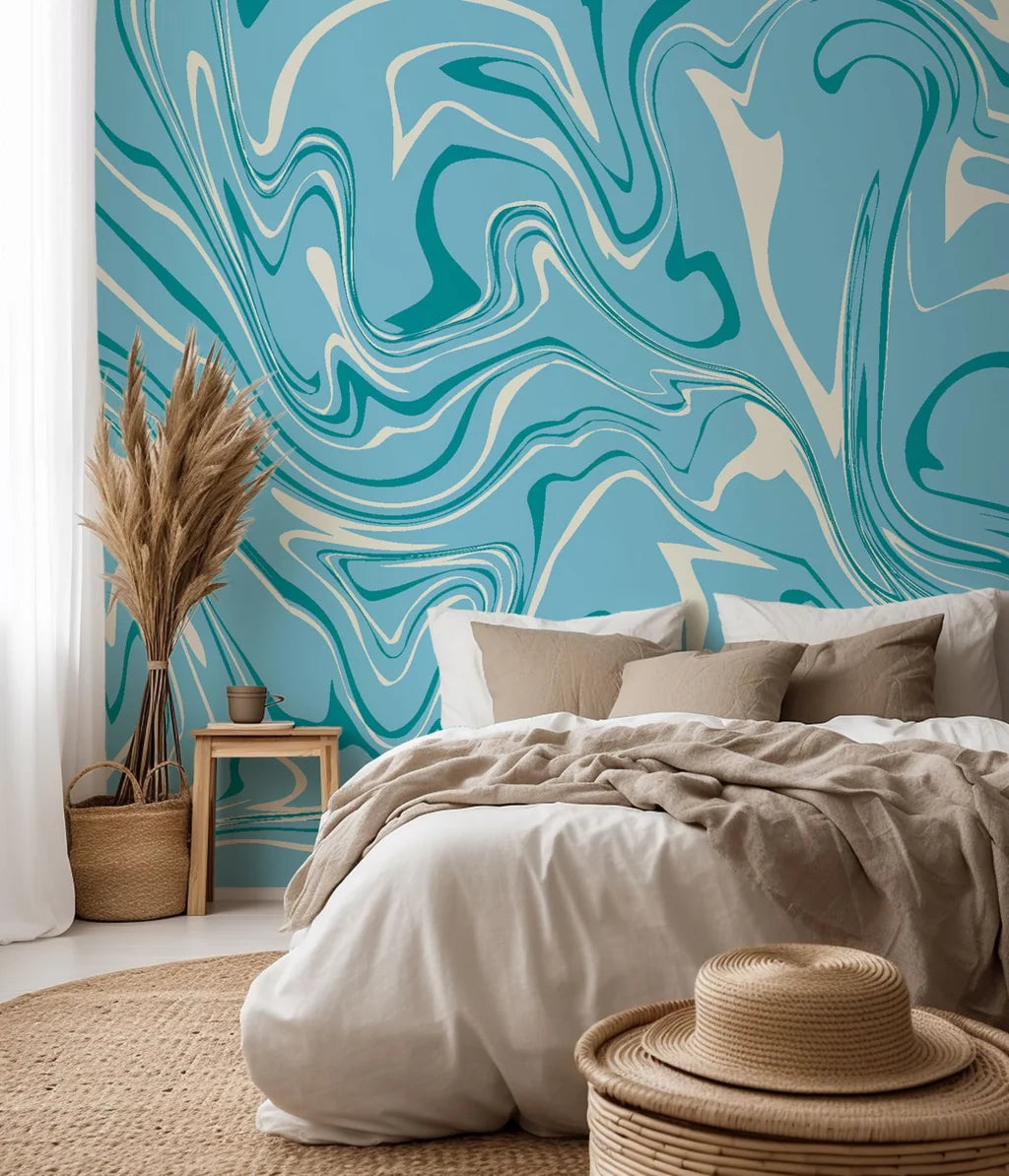 Self-adhesive wallcovering with a fluid, abstract marble design in blue and white, titled Azure Dance