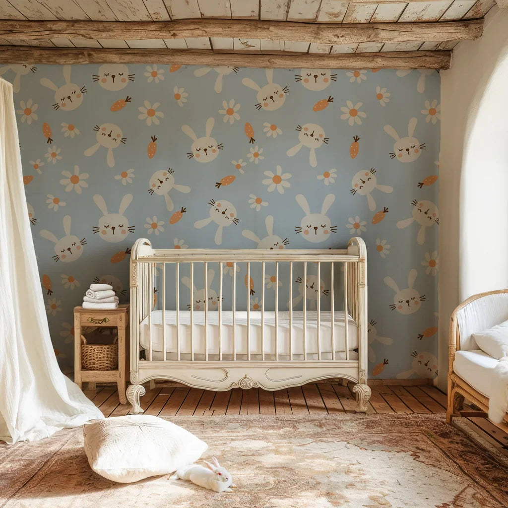 Light blue wallpaper adorned with a whimsical print of white bunnies and delicate daisies, featuring a smooth peel-and-stick backing. - Azure Dreams
