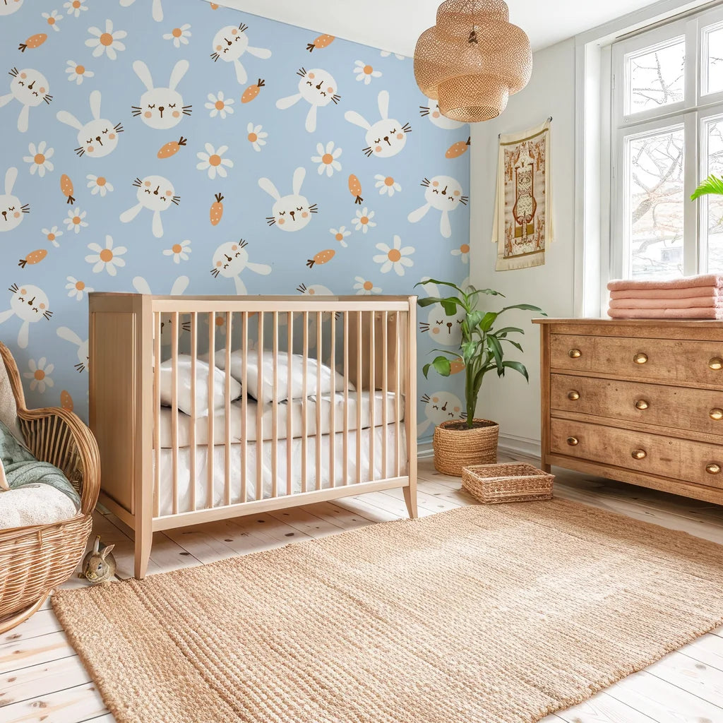 Elegant light blue peel-and-stick wallpaper featuring a refined pattern of forest rabbits amidst tiny flower blooms. - Azure Dreams
