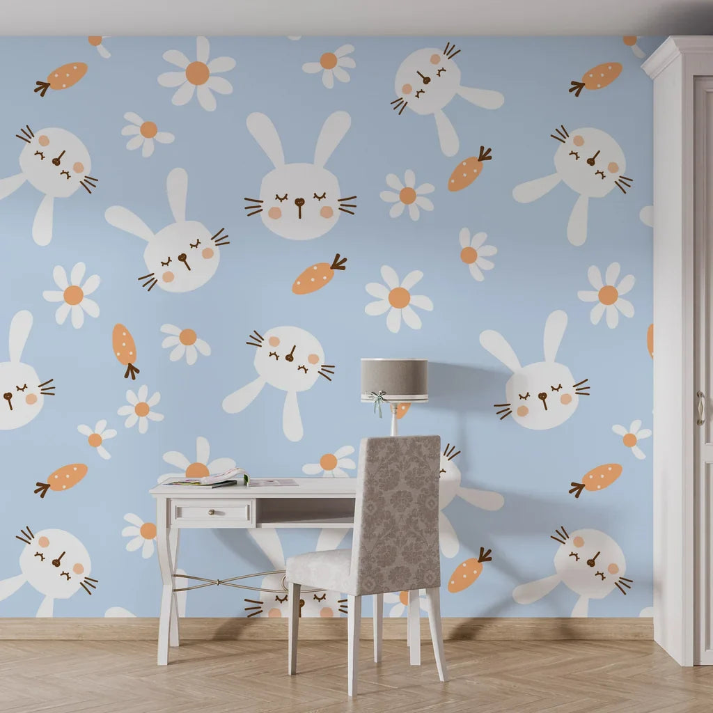 Soft pastel blue wall covering featuring a charming pattern of white rabbits and daisies with a sleek self-adhesive finish. - Azure Dreams