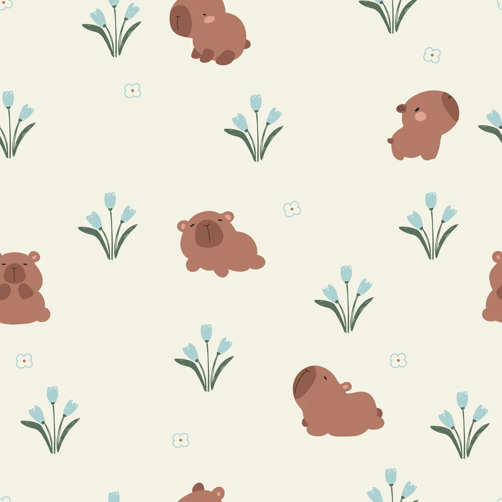 Cute brown capybara and blue tulip peel and stick wallpaper - Azure Meadows