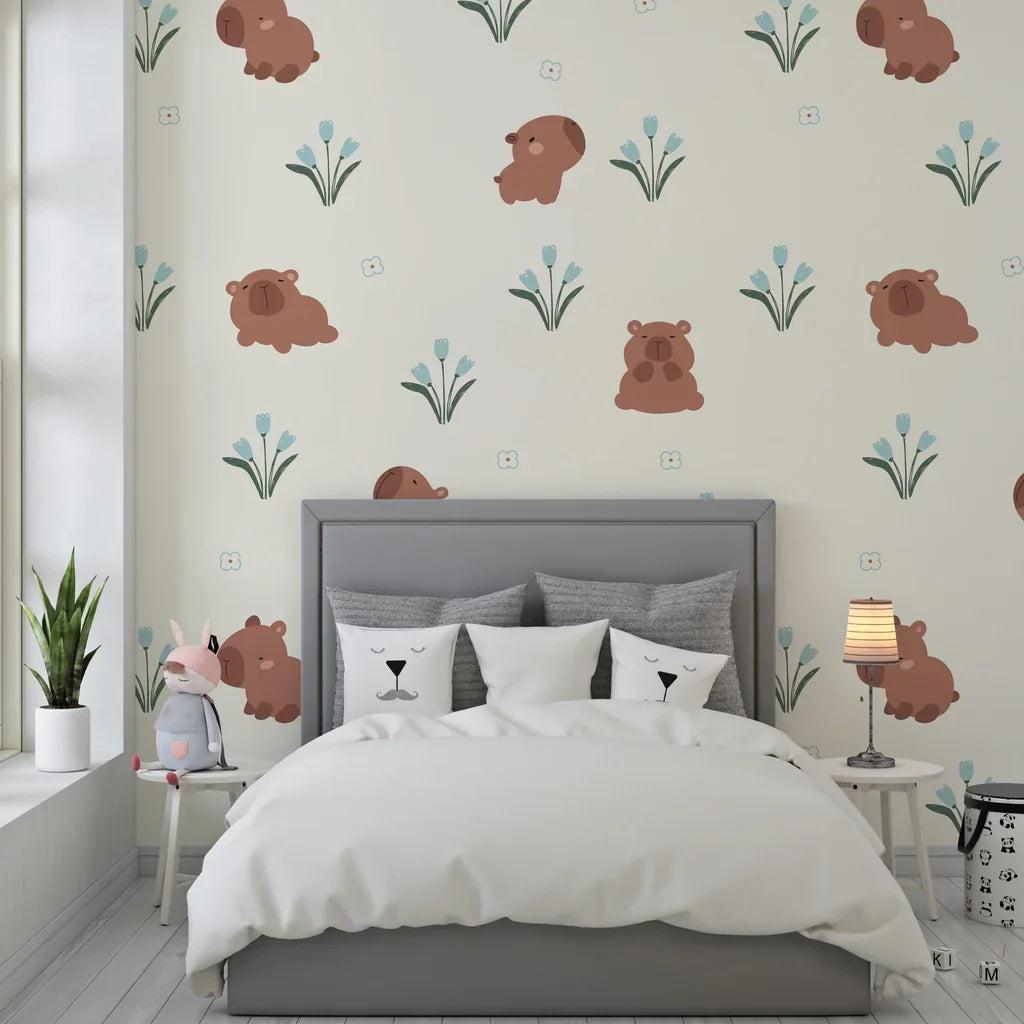 Adorable brown capybara and blue tulip floral pattern on self-adhesive wallpaper - Azure Meadows