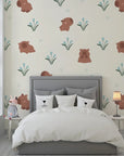 Adorable brown capybara and blue tulip floral pattern on self-adhesive wallpaper - Azure Meadows