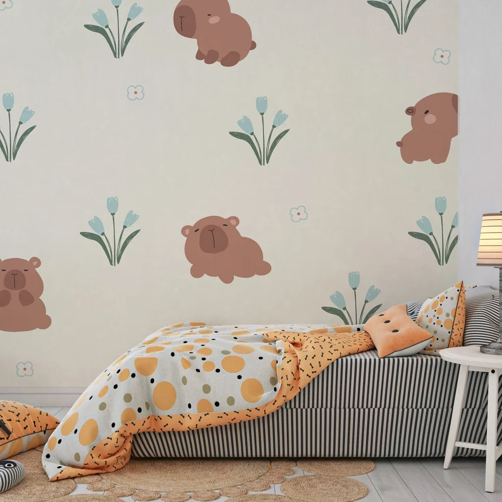Whimsical wall covering featuring cuddly capybaras and vibrant blue blossoms - Azure Meadows
