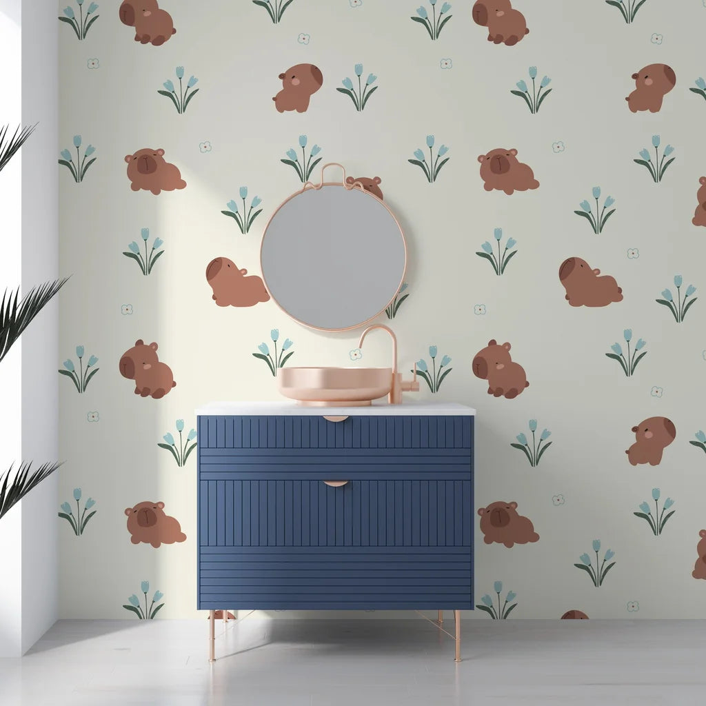 Charming nursery wallpaper with illustrated brown capybaras and soft blue tulips - Azure Meadows