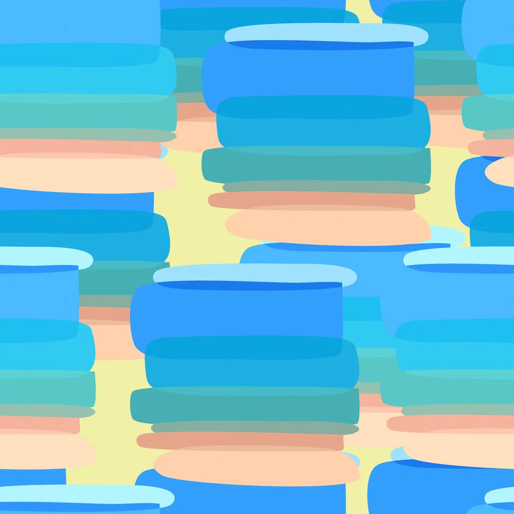 Contemporary abstract wall covering with layered peach and blue brush marks, titled Azure Stacks