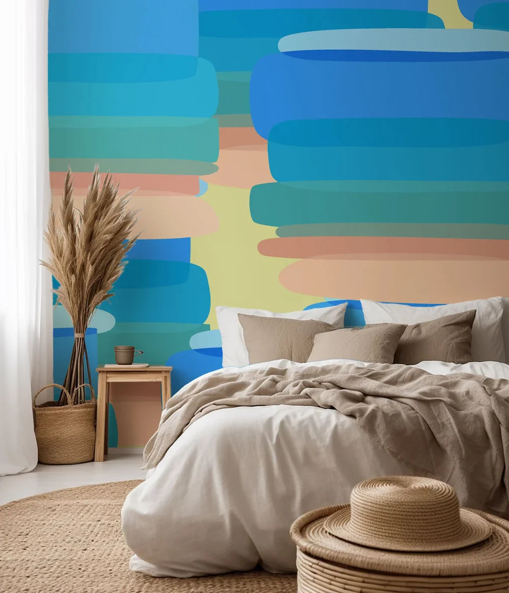 Contemporary wall covering featuring layered brushwork in peach and blue tones (Azure Stacks)