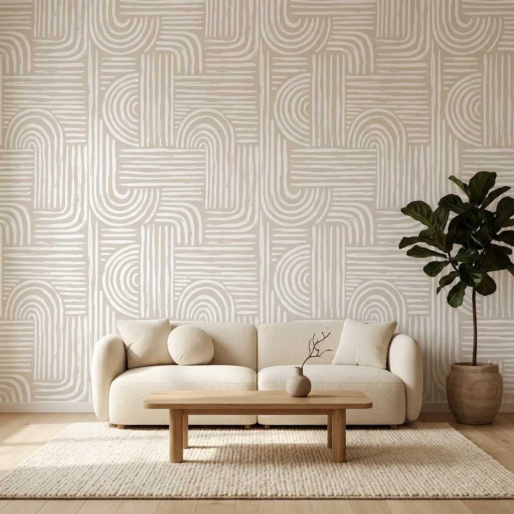 Bantu Lines tribal geometric wallpaper in a warm and inviting living room