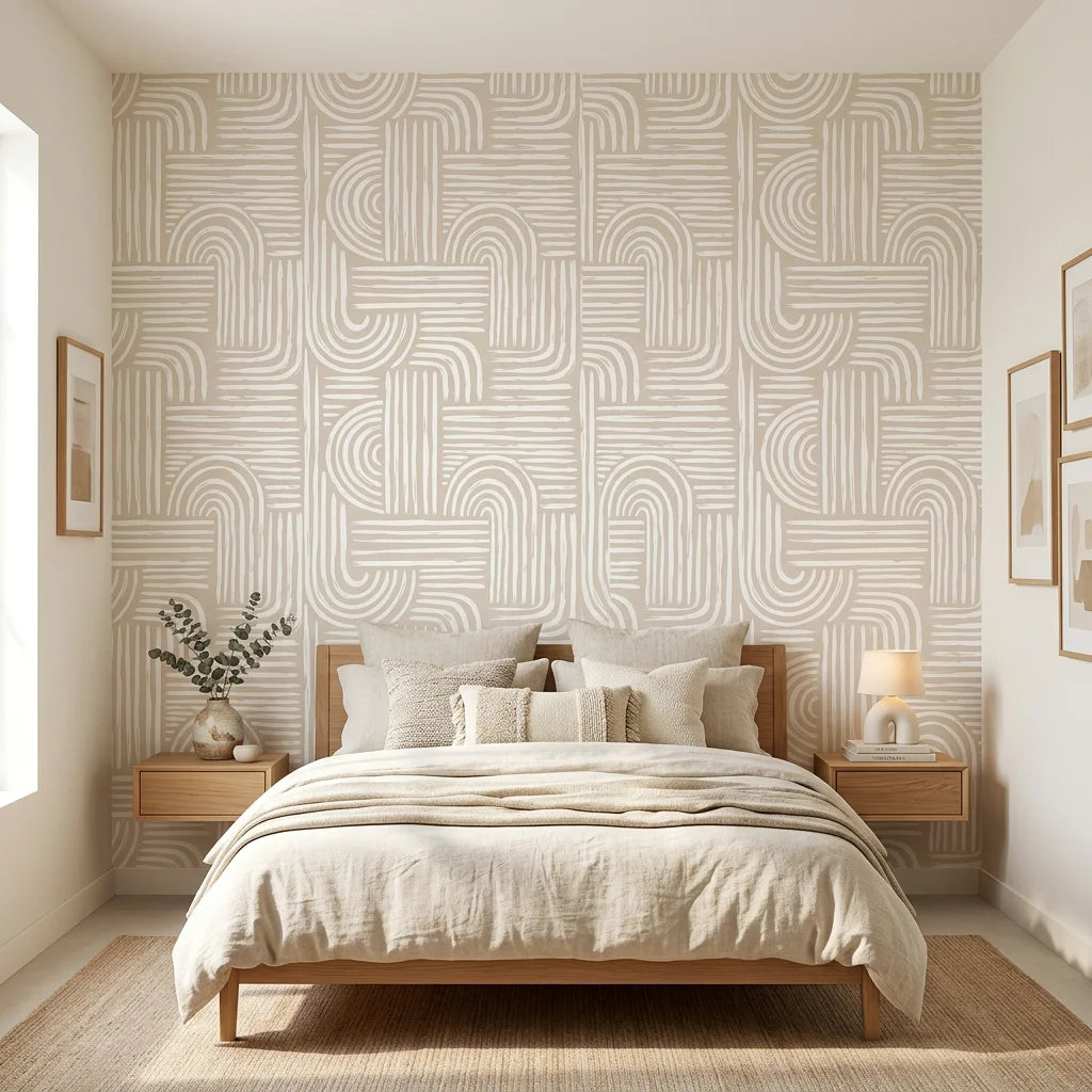 Bantu Lines tribal geometric wallpaper adding character to a cozy bedroom