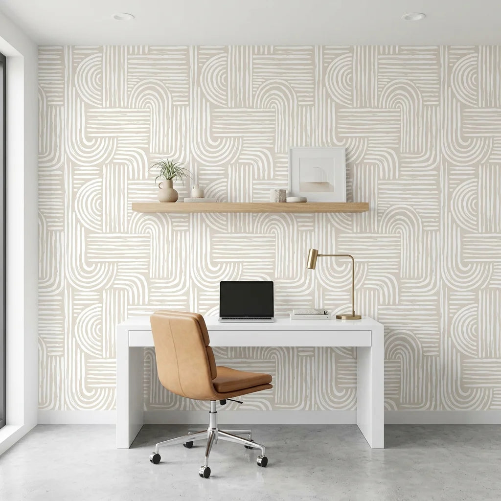 Bantu Lines tribal geometric wallpaper as a feature wall in a bright home office