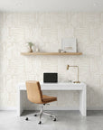 Bantu Lines tribal geometric wallpaper as a feature wall in a bright home office