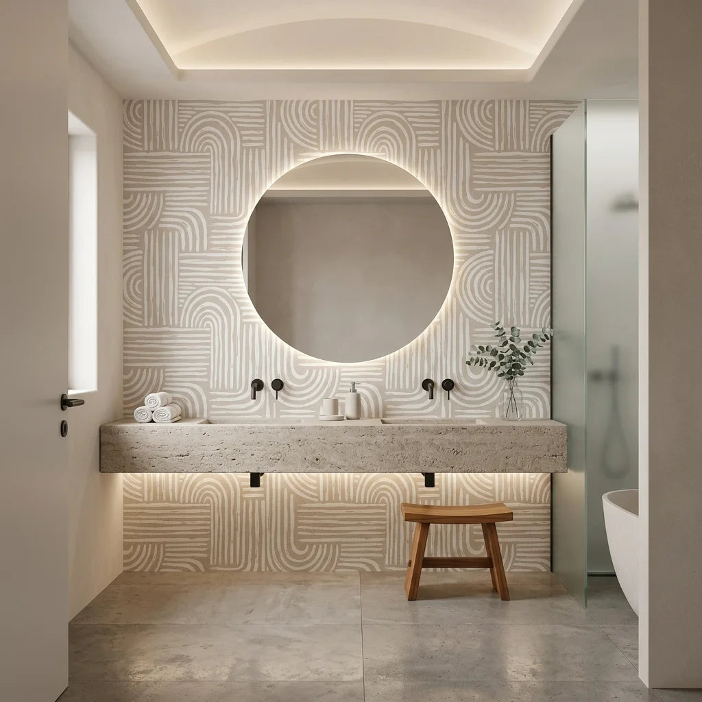 Bantu Lines tribal geometric wallpaper creating ambiance in a serene bathroom