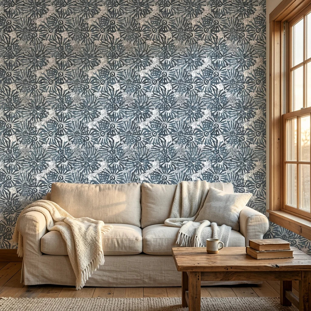 Textured indigo blue floral peel and stick wallpaper - Batik Indigo