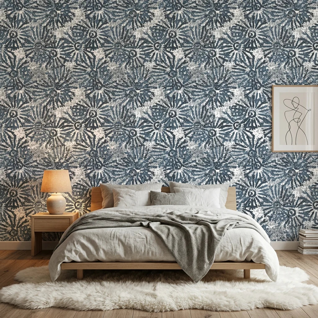 Batik Indigo textured blue floral wallpaper in a warm and inviting living room