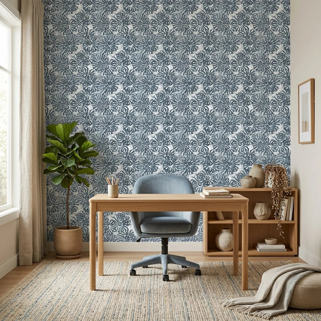Batik Indigo textured blue floral wallpaper adding character to a cozy bedroom