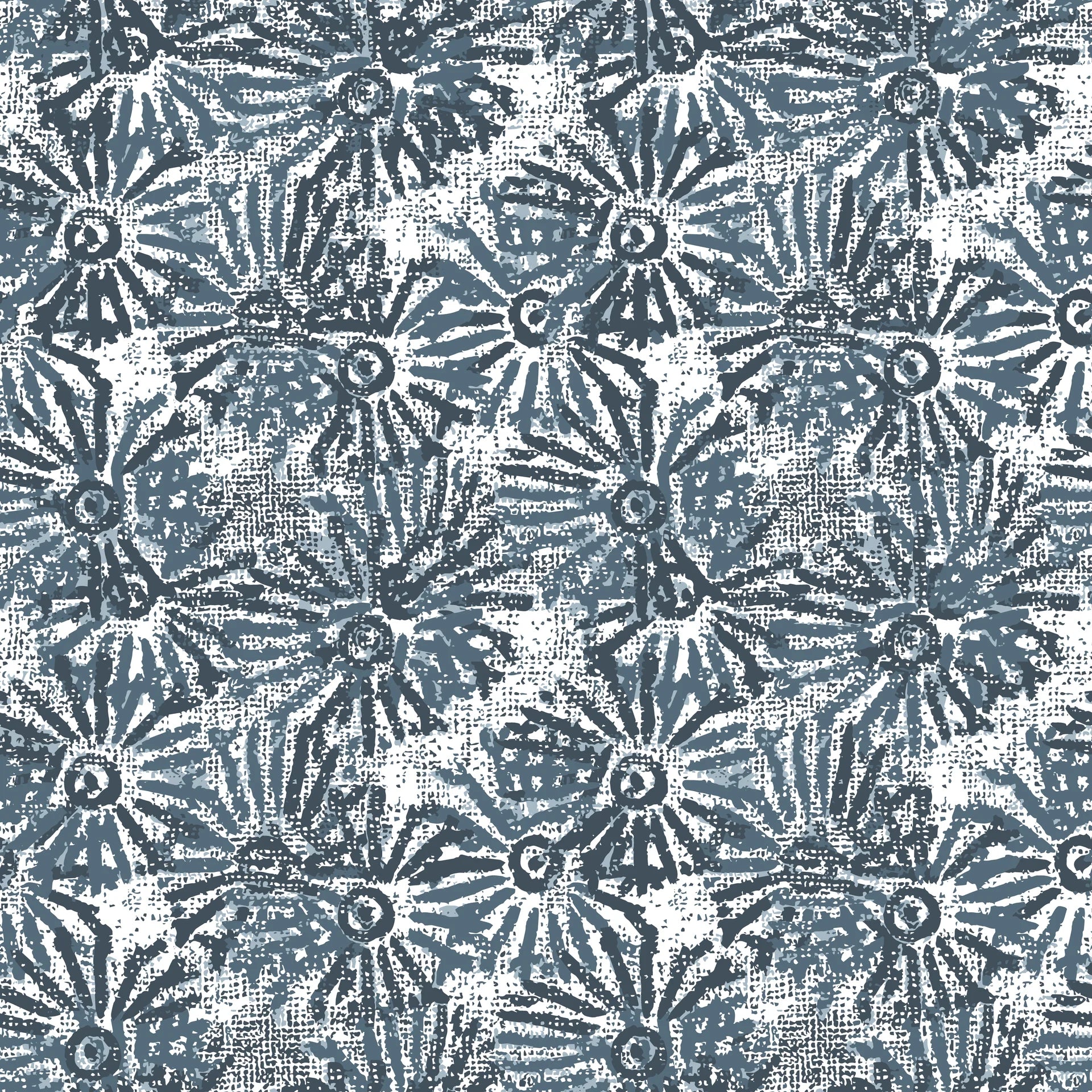 Batik Indigo textured blue floral wallpaper creating ambiance in a serene bathroom