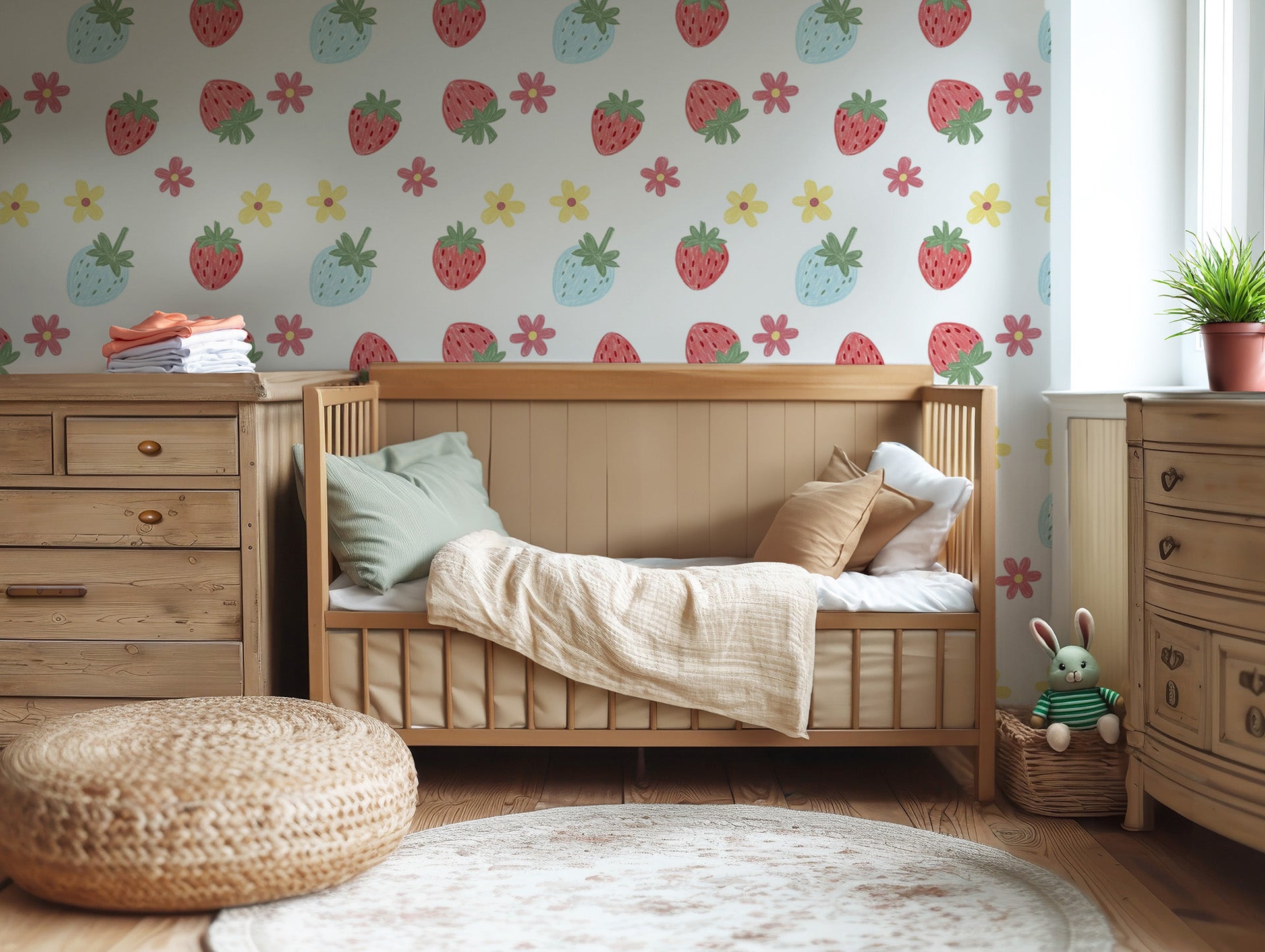Fresh and charming hand-drawn strawberry and flower wallpaper with a clean minimalist aesthetic.