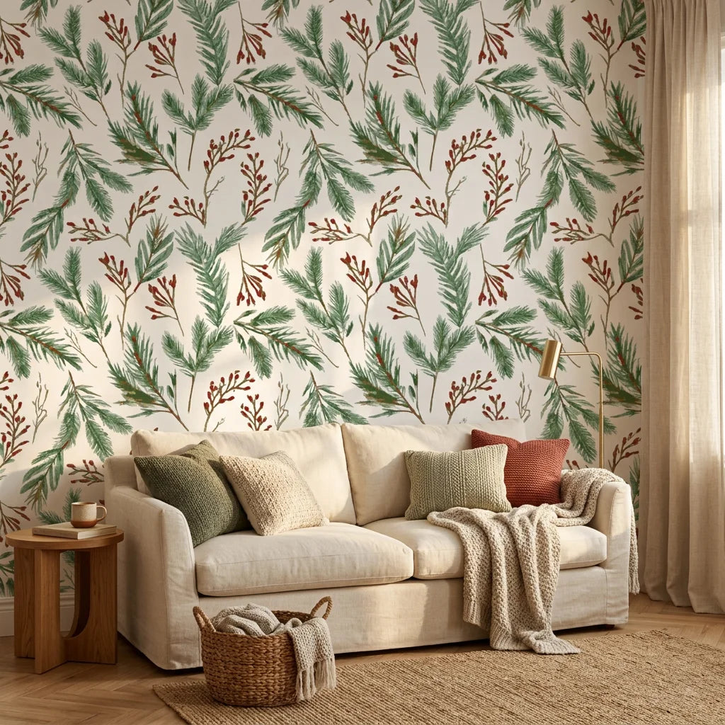 Linen-like green and red berry botanical peel and stick wallpaper - Berry & Pine