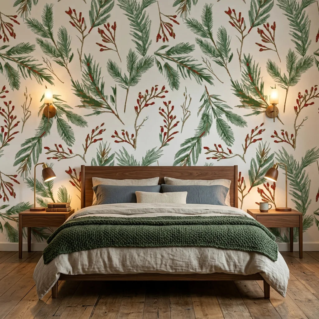 Berry & Pine green botanical wallpaper in a warm and inviting living room