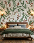 Berry & Pine green botanical wallpaper in a warm and inviting living room