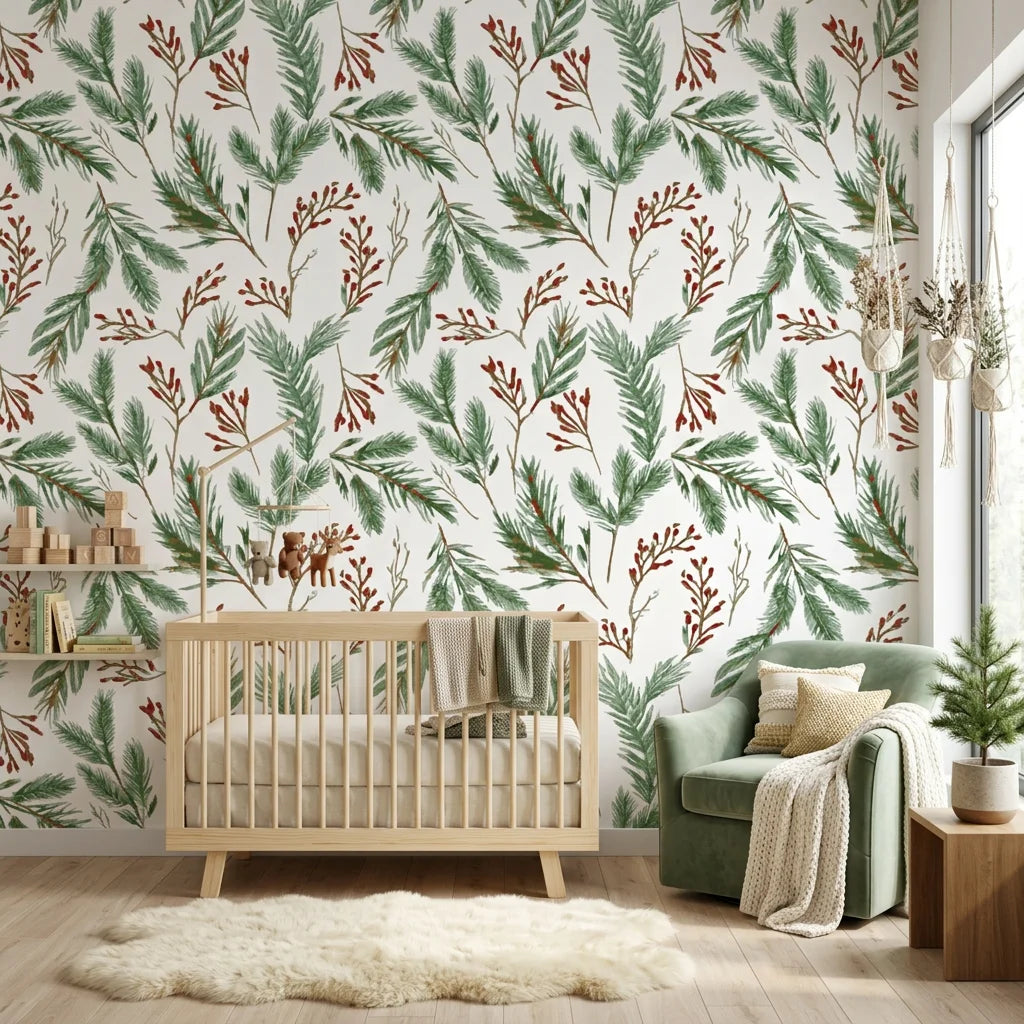 Berry & Pine green botanical wallpaper adding character to a cozy bedroom