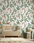 Berry & Pine green botanical wallpaper adding character to a cozy bedroom