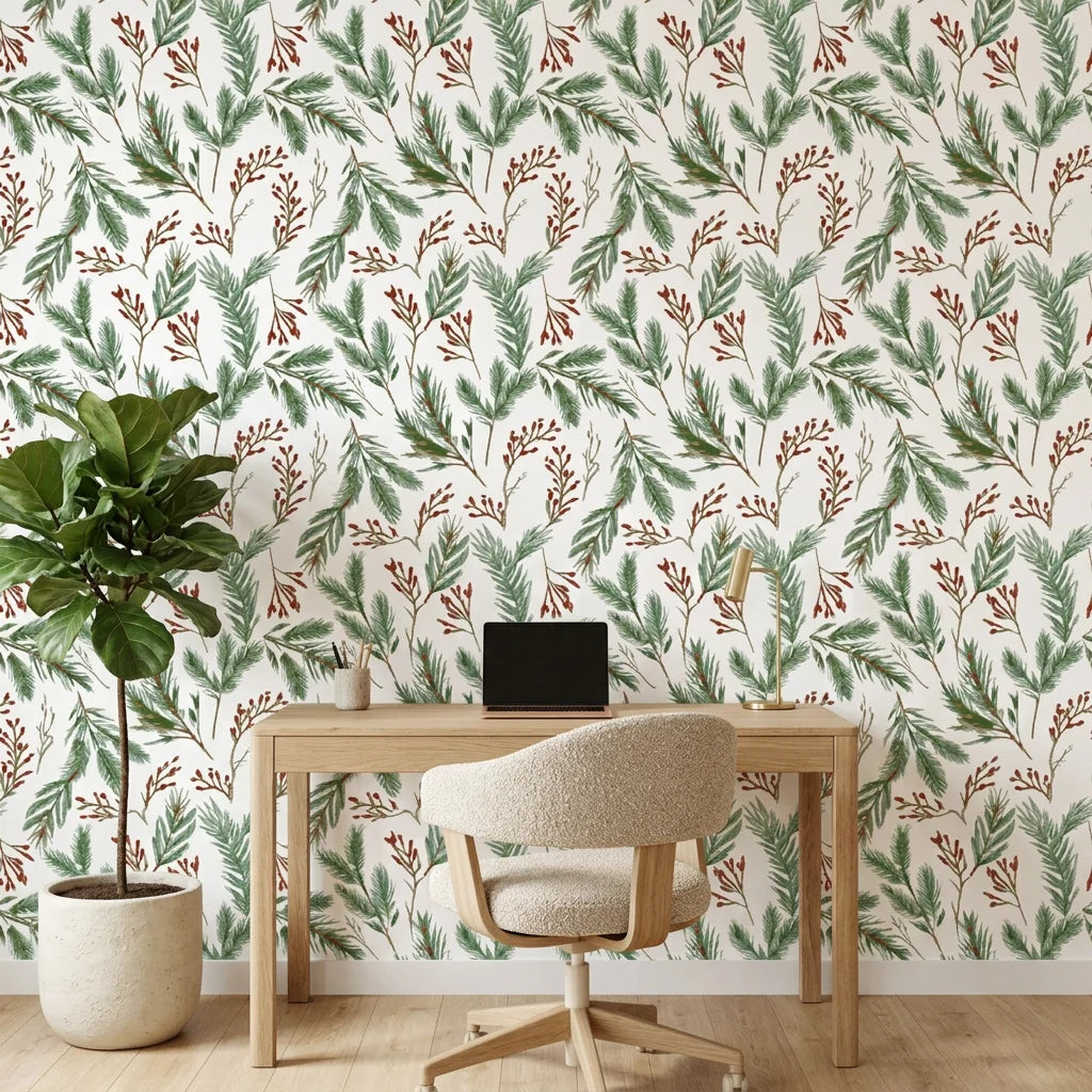 Berry & Pine green botanical wallpaper as a feature wall in a bright home office