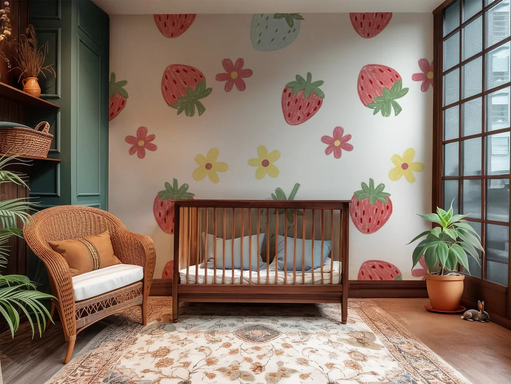 Illustrated wallpaper with a simple, fresh aesthetic, displaying hand-drawn strawberries and blossoms