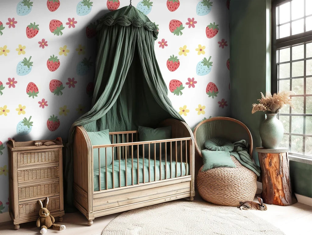 Illustrated wallpaper featuring strawberries and blossoms, executed with a fresh, uncluttered, and minimalist drawing technique.