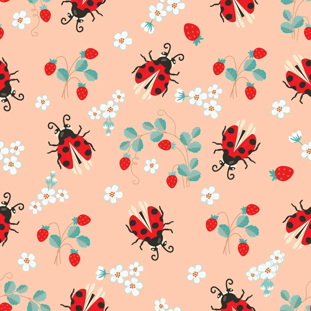 Smooth peach ladybug and strawberry botanical peel and stick wallpaper - Berry Wings