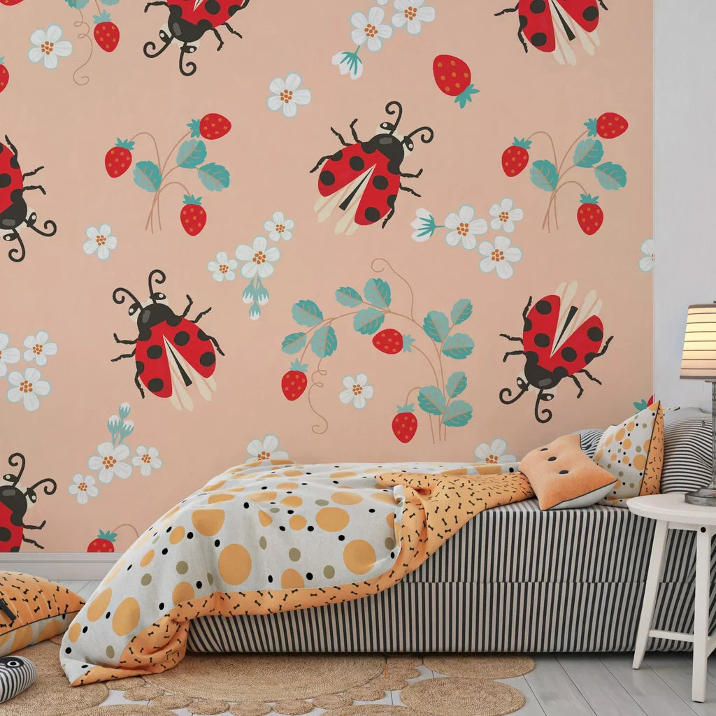 Self-adhesive peach-colored wallpaper showcasing a charming garden pattern of ladybirds and wild berries. - Berry Wings