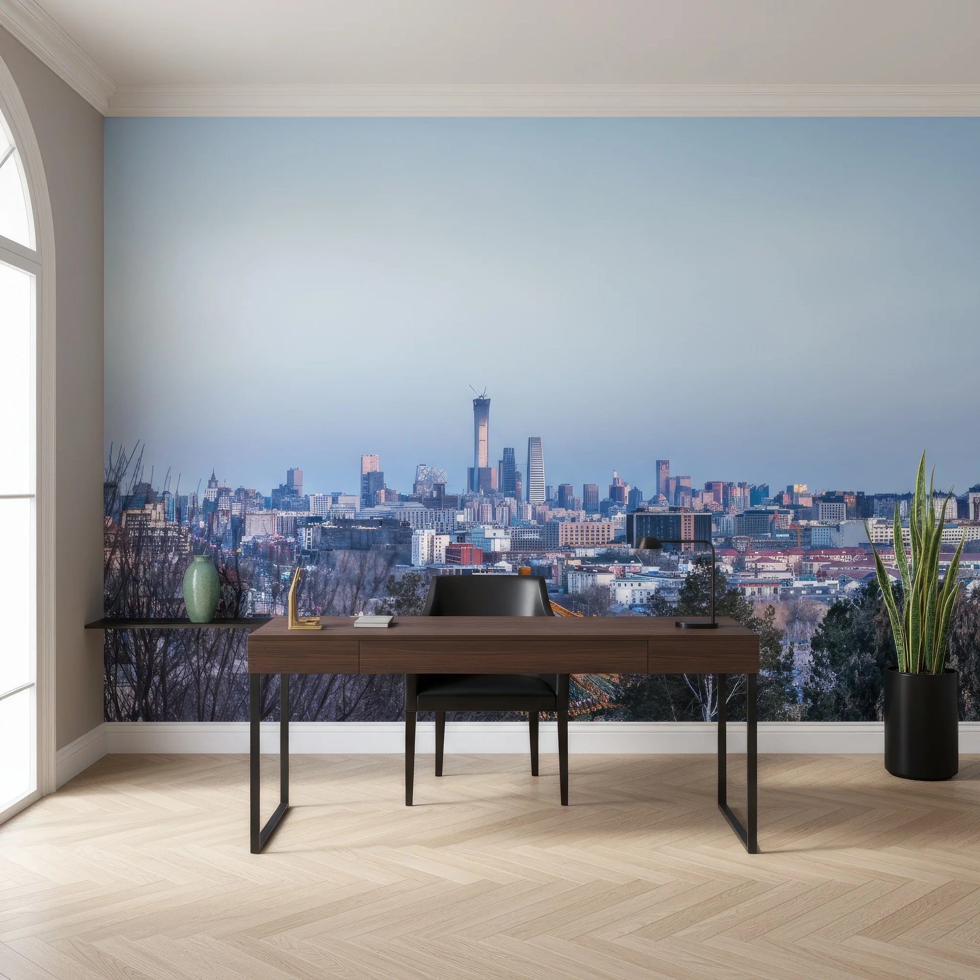 Between Two Worlds city skyline mural wallpaper with blue twilight tones on modern home office wall