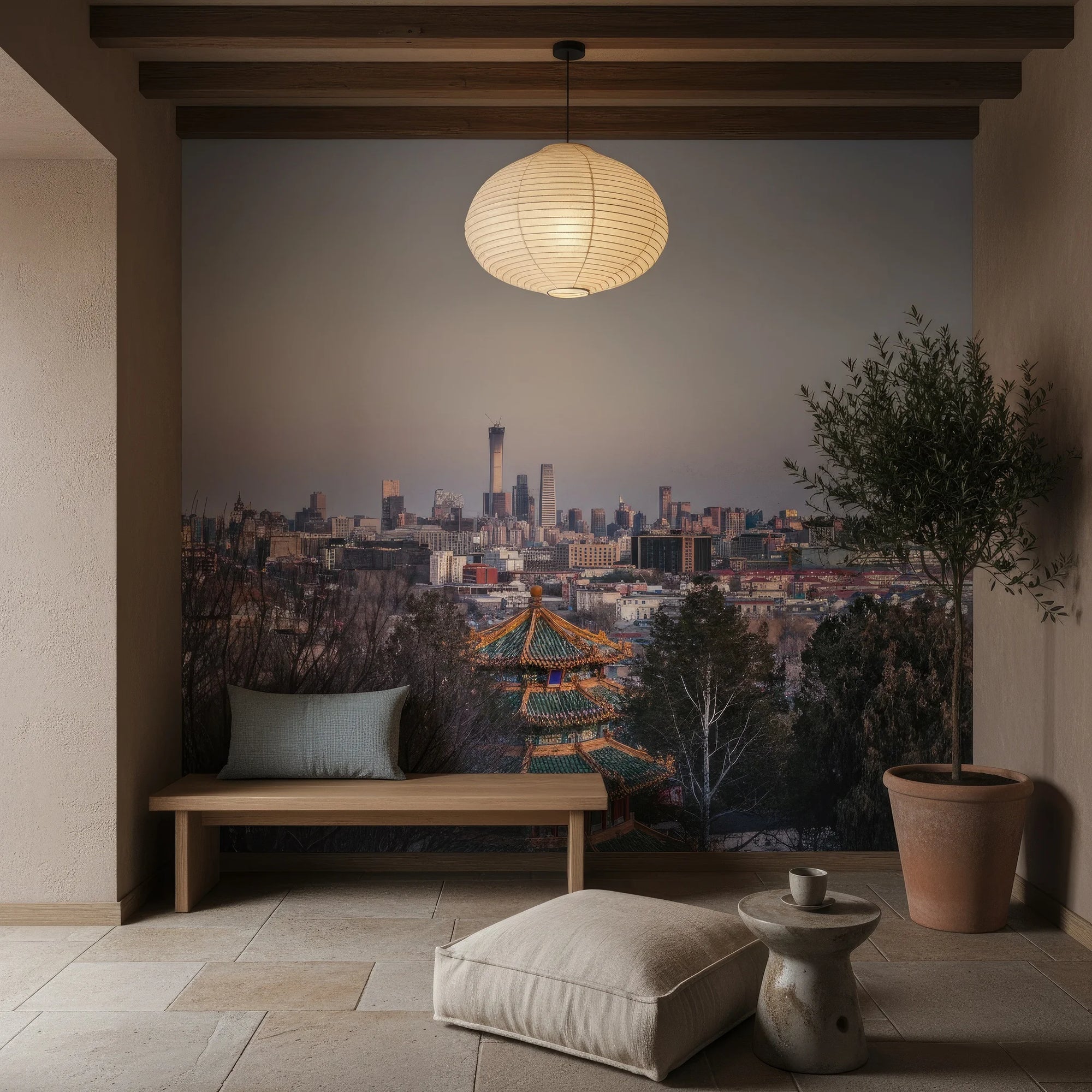 Between Two Worlds cityscape mural wallpaper featuring Asian pagoda and modern skyline in zen meditation space