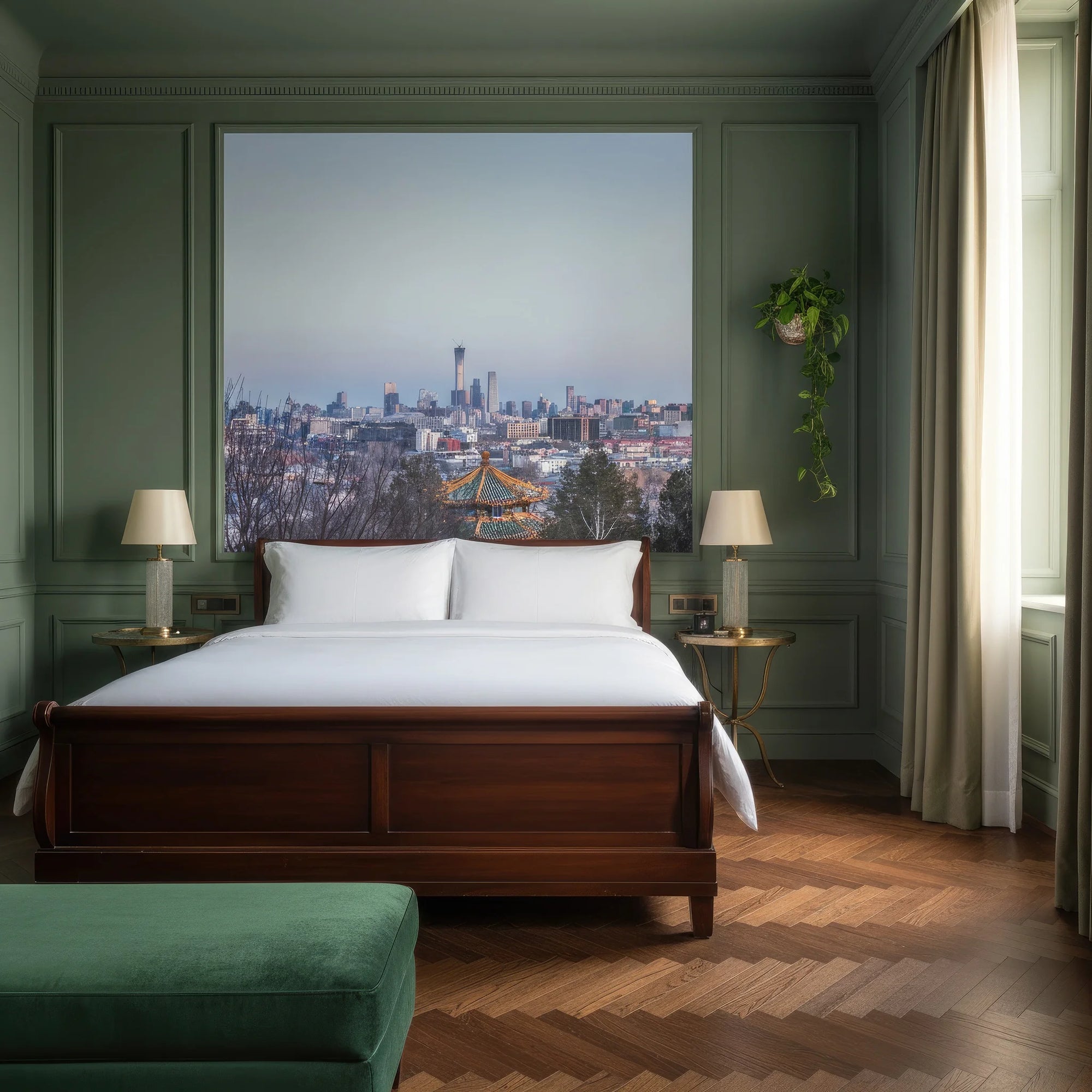 Sage green Between Two Worlds cityscape mural wallpaper behind bed in classic bedroom