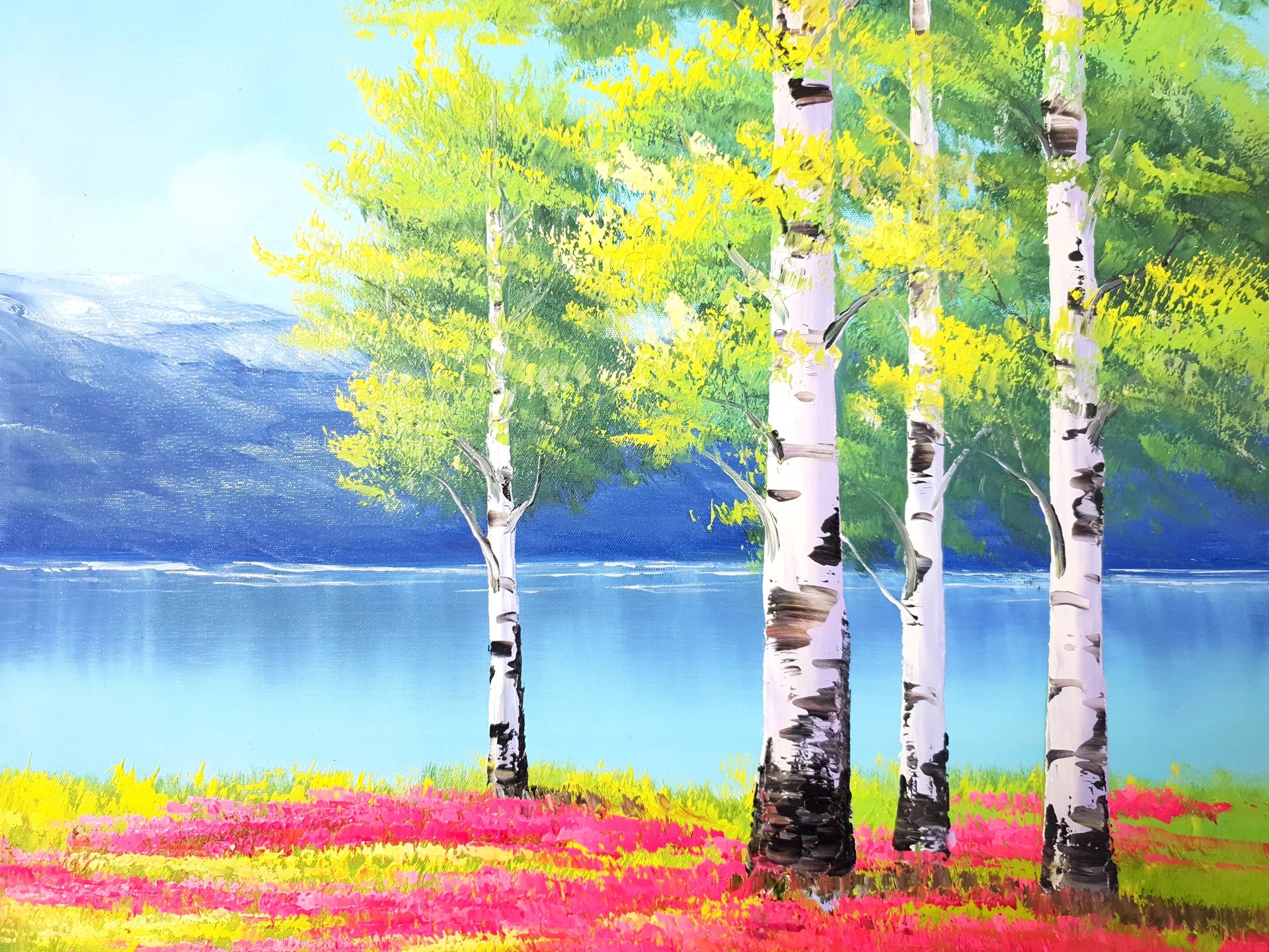 Birch & Bloom spring birch tree landscape wallpaper creating ambiance in a serene bathroom