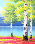 Birch & Bloom spring birch tree landscape wallpaper creating ambiance in a serene bathroom