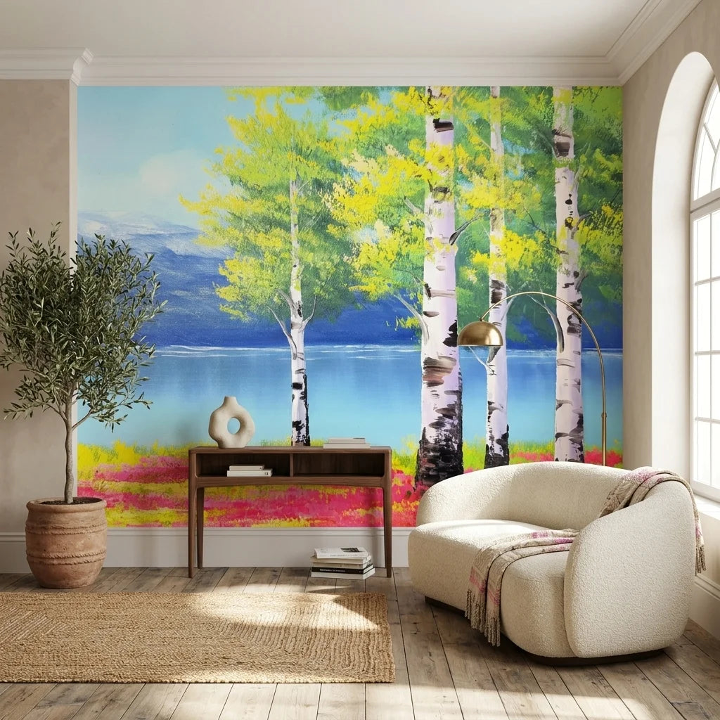 Canvas-like spring birch tree lake landscape peel and stick wallpaper - Birch & Bloom