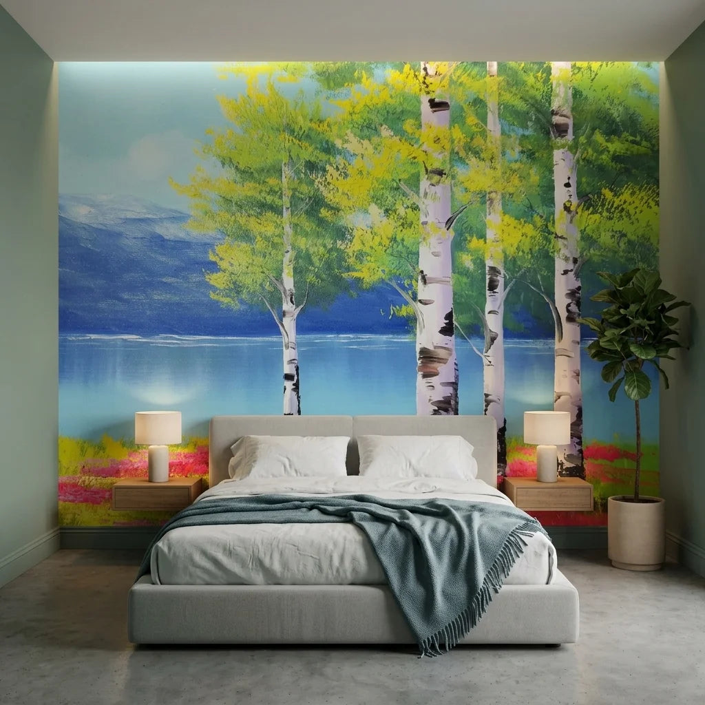 Birch & Bloom spring birch tree landscape wallpaper in a warm and inviting living room