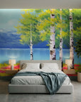 Birch & Bloom spring birch tree landscape wallpaper in a warm and inviting living room