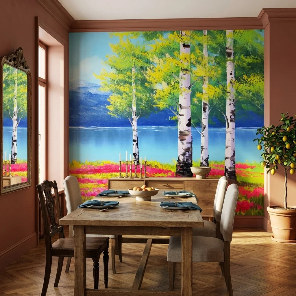 Birch & Bloom spring birch tree landscape wallpaper adding character to a cozy bedroom