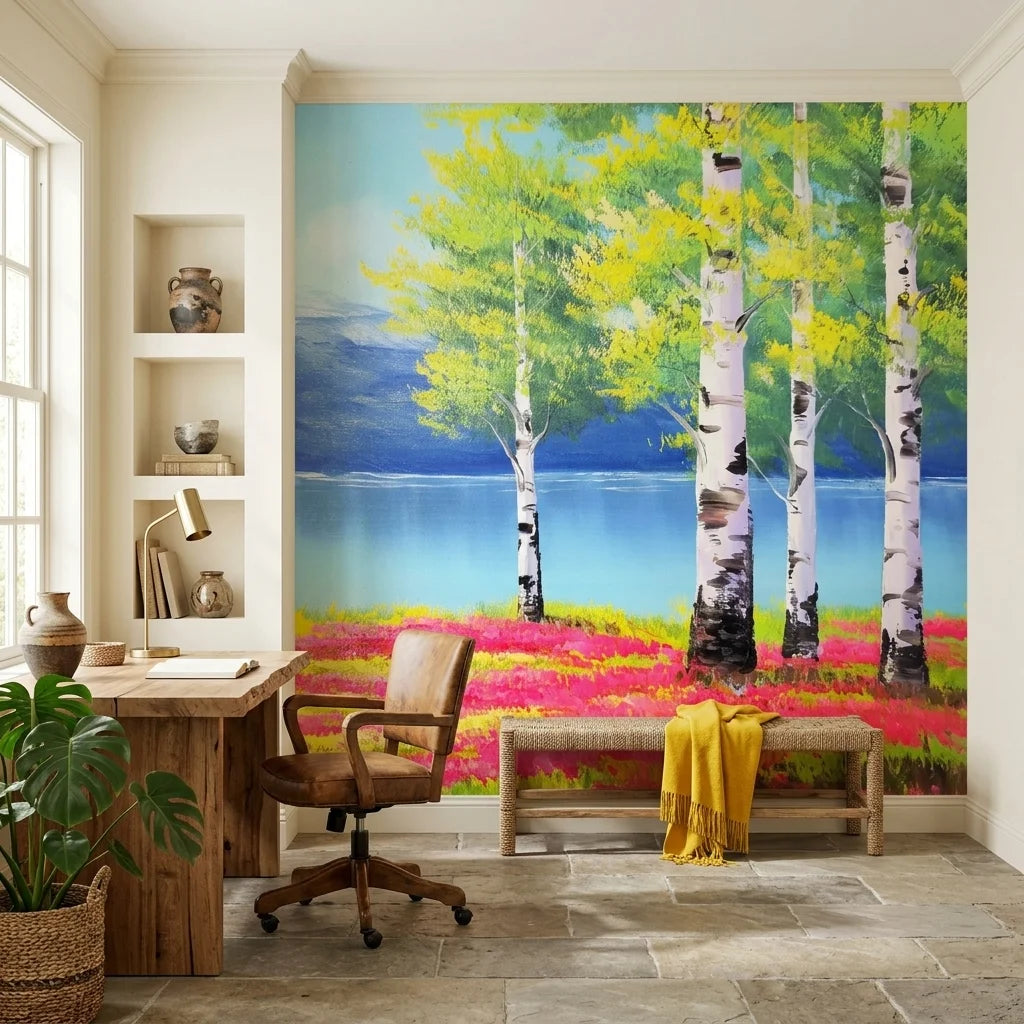 Birch & Bloom spring birch tree landscape wallpaper as a feature wall in a bright home office
