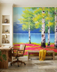 Birch & Bloom spring birch tree landscape wallpaper as a feature wall in a bright home office