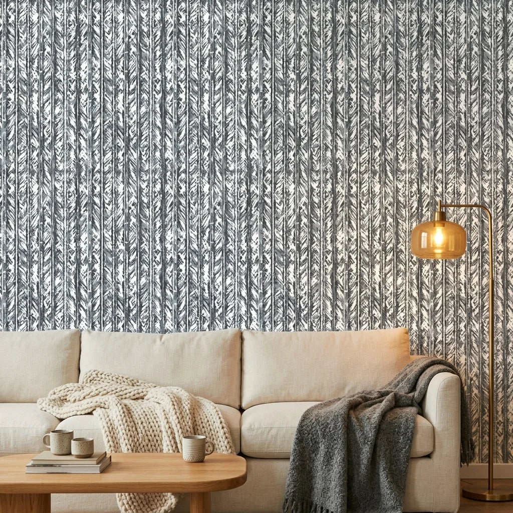 Birch & Shadow grey abstract wallpaper in a warm and inviting living room