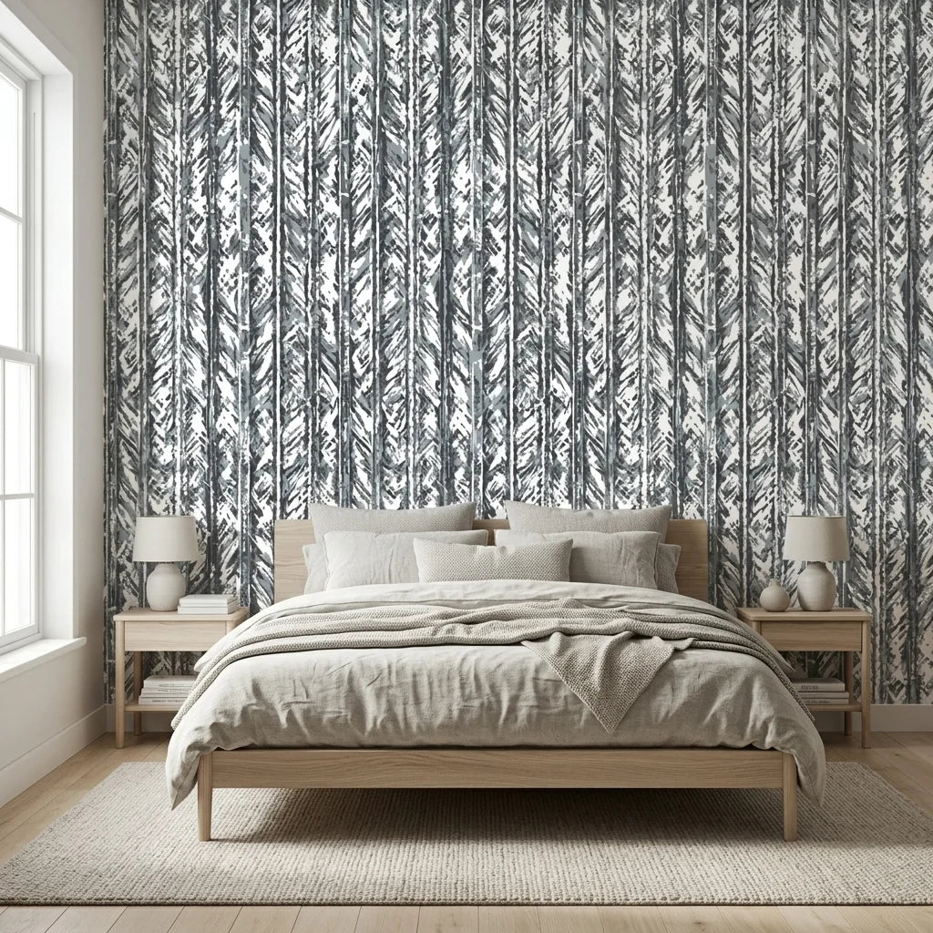 Birch & Shadow grey abstract wallpaper adding character to a cozy bedroom