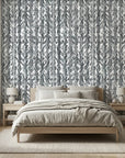 Birch & Shadow grey abstract wallpaper adding character to a cozy bedroom