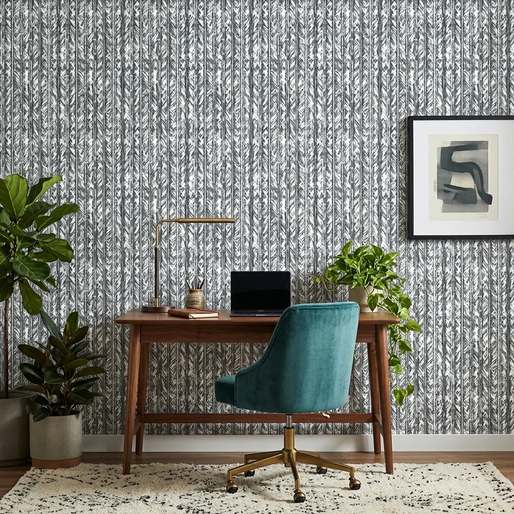 Birch & Shadow grey abstract wallpaper as a feature wall in a bright home office