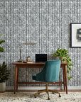 Birch & Shadow grey abstract wallpaper as a feature wall in a bright home office