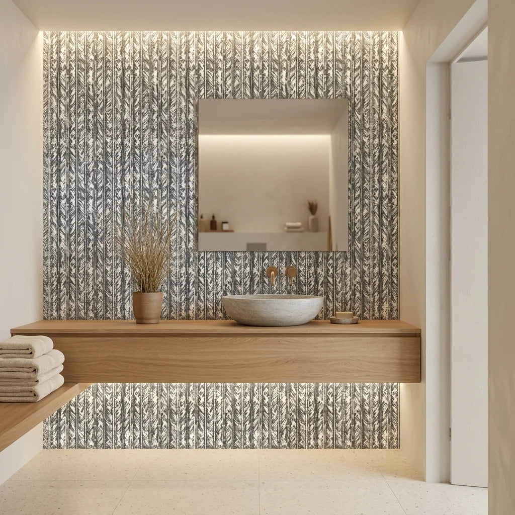 Birch & Shadow grey abstract wallpaper creating ambiance in a serene bathroom