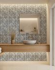 Birch & Shadow grey abstract wallpaper creating ambiance in a serene bathroom